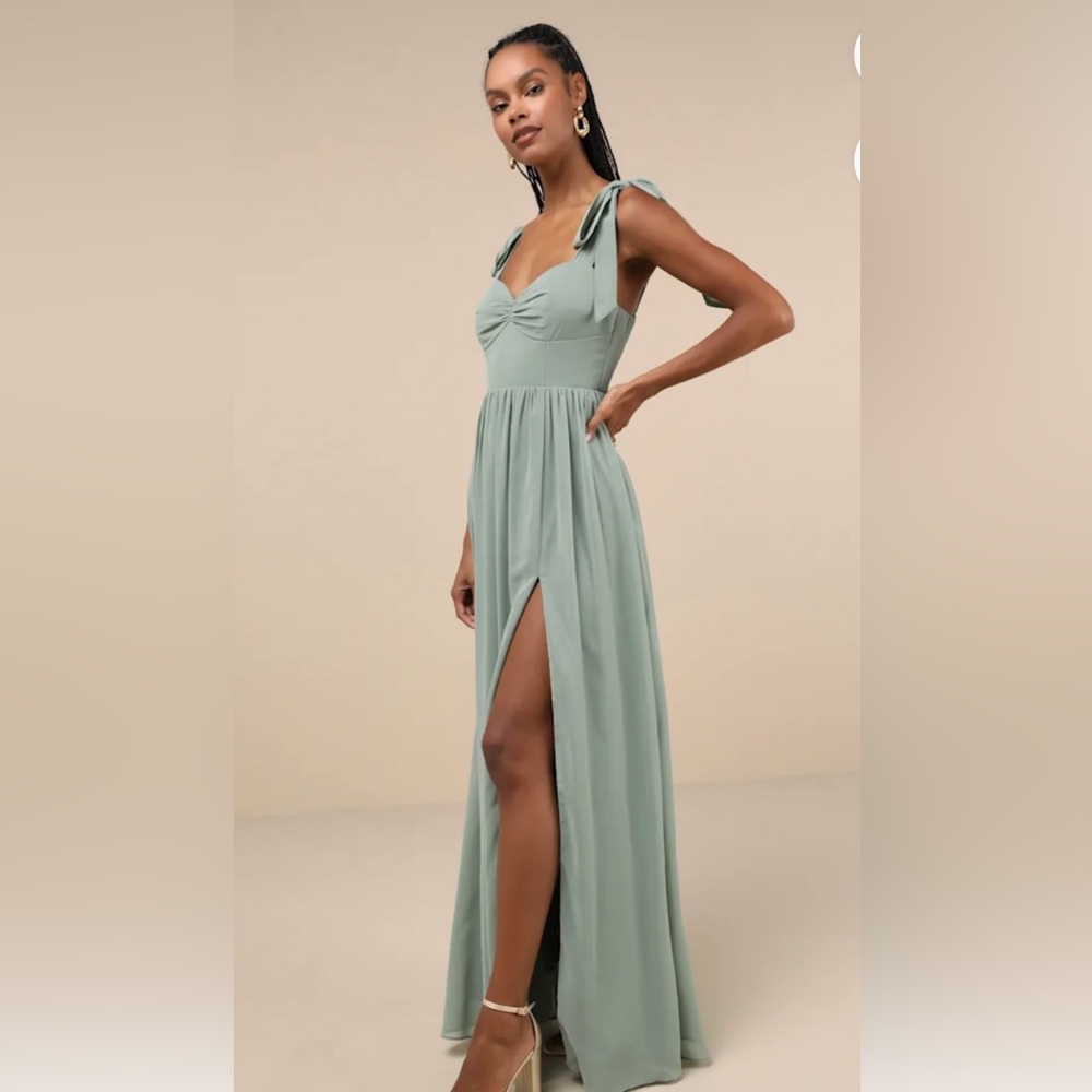 Lulus Radiant Charisma Sage Brush Chiffon Ruched Tie-Strap Maxi Dress
